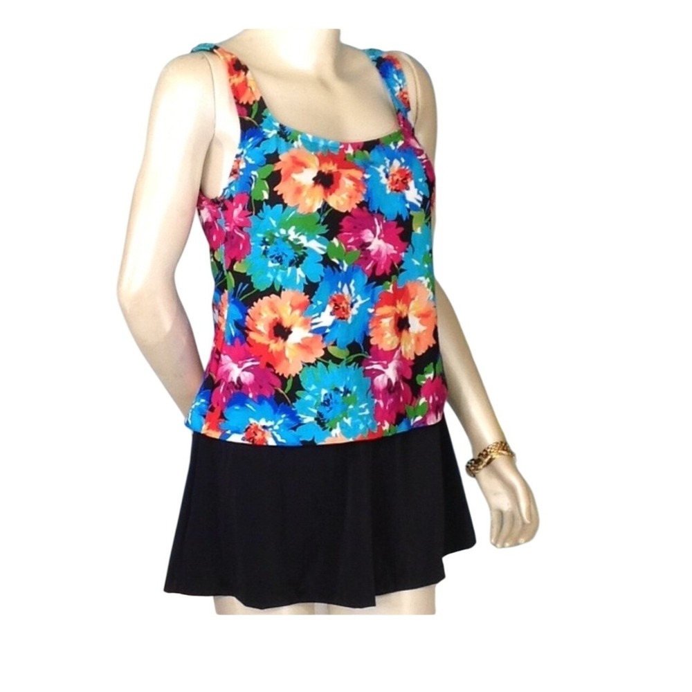 Le Cove Women Plus 22W Floral Swimdress Built-in One‎ Piece Black Skirt A9